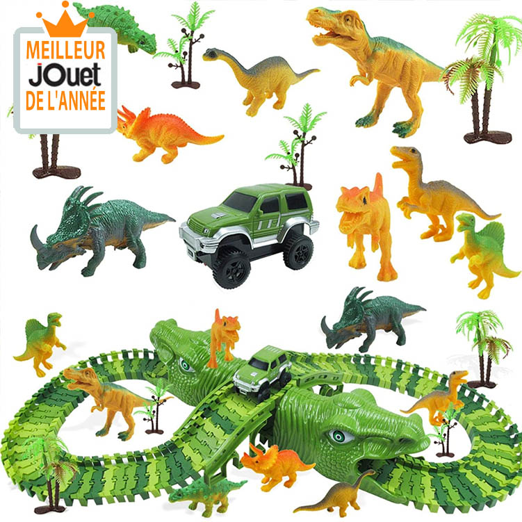 Costway circuit de voiture dinosaures flexible avec voiture électrique,  piste modulable 240 rails, 8 dinosaures et 4 palmiers, idéal pour enfant  plus de 3 ans, vert - Conforama